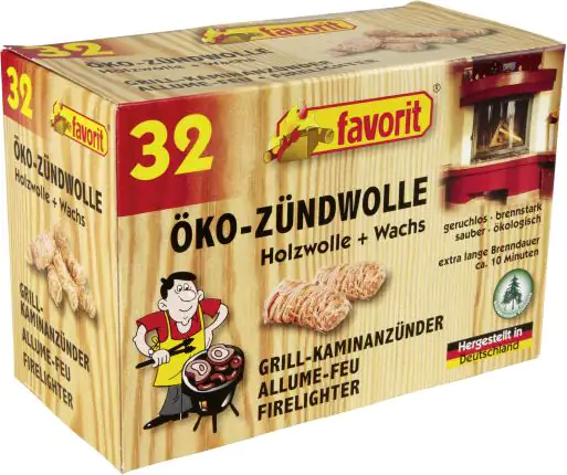 Verpackung mit 32 Stück Favorit Öko-Zündwolle aus Holzwolle und Wachs