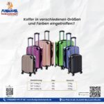 Mehrere Hartgepäck-Reisekoffer in verschiedenen Farben und Größen mit Teleskopgriff und Rollen.