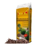 Gelber Sack mit GartenFlora Rindenmulch und einer kleinen Mulchprobe davor