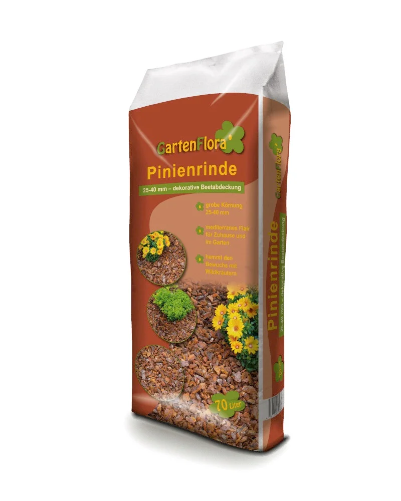 Sack mit GartenFlora Pinienrinde, 70 Liter Inhalt, für dekorative Beetabdeckung