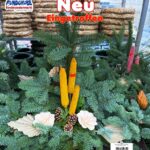 Weihnachtliches Gesteck aus Tannenzweigen mit gelben und rosa Dekorationen sowie Kiefernzapfen